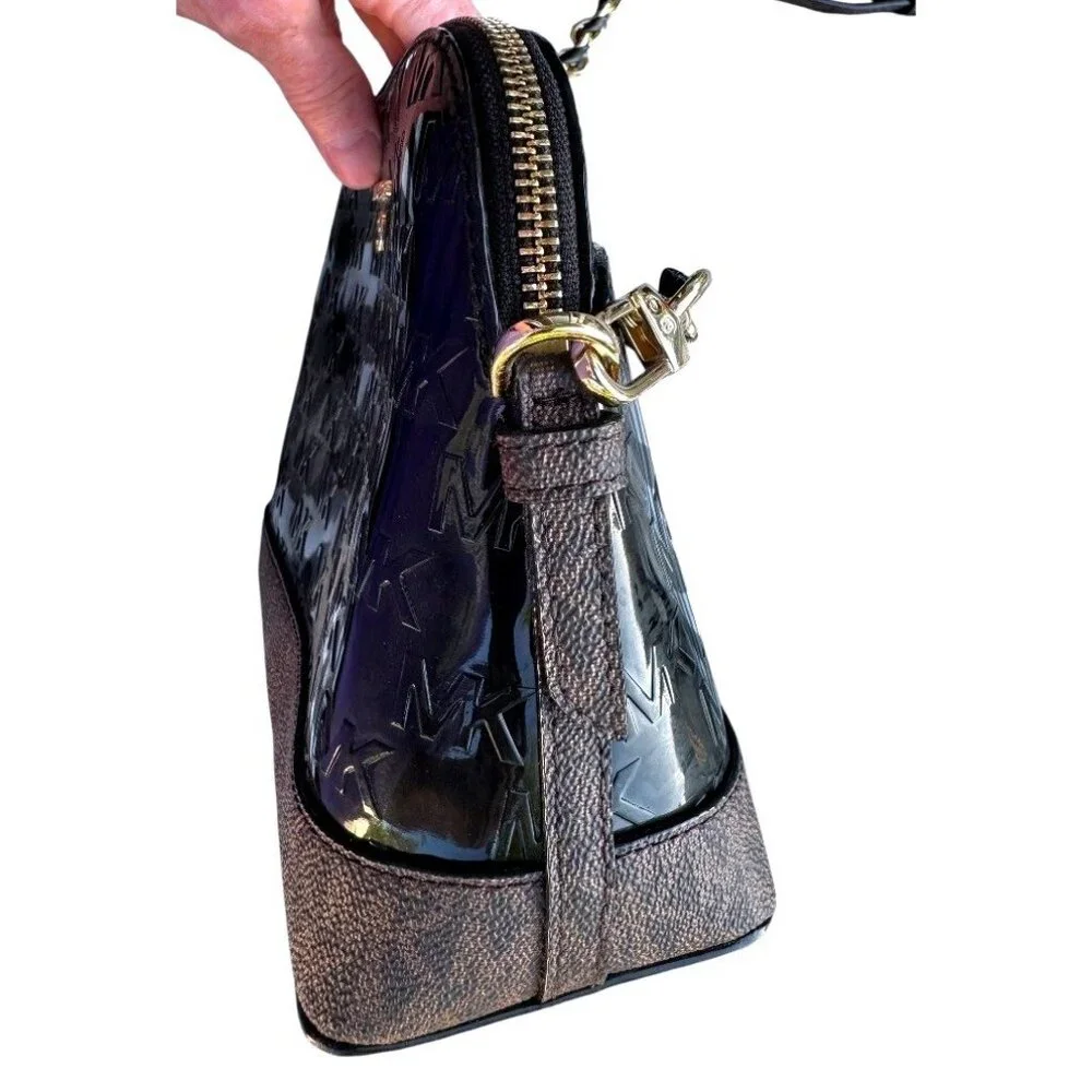 Michael Kors Dome Crossbody Bag Bl‎ Patent Leather Brown Monogram Gold Hardware